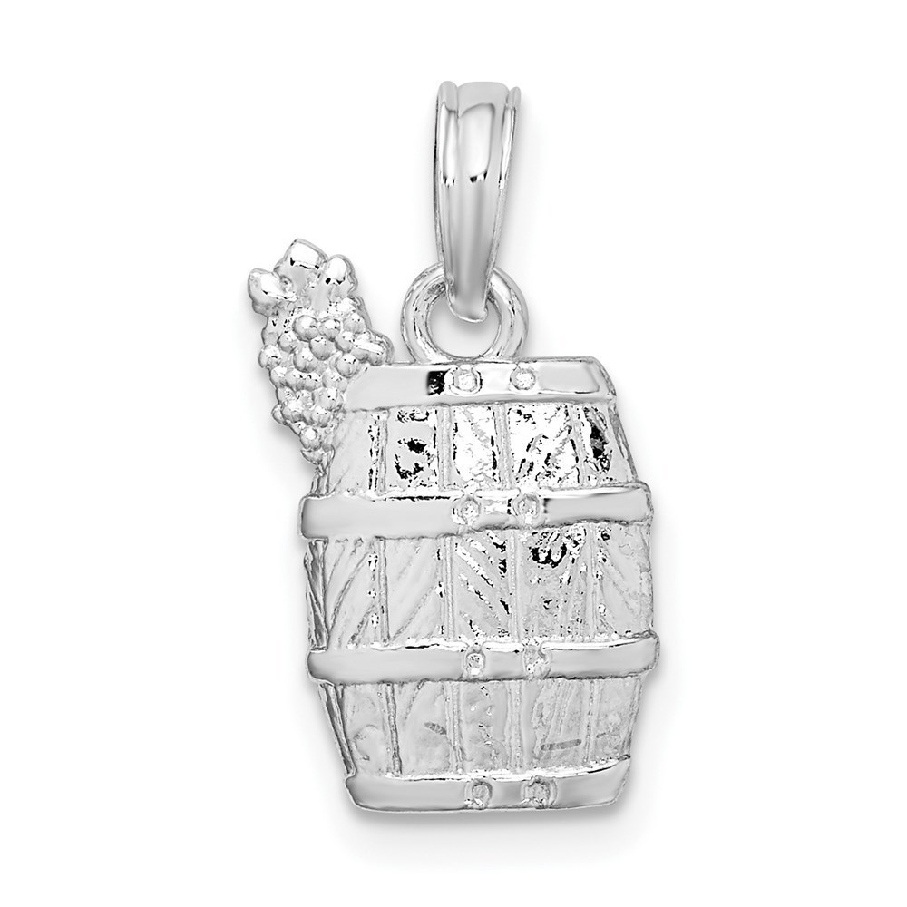 925 Sterling Silver Polished Wine Barrel with Grapes Necklace Charm Pendant